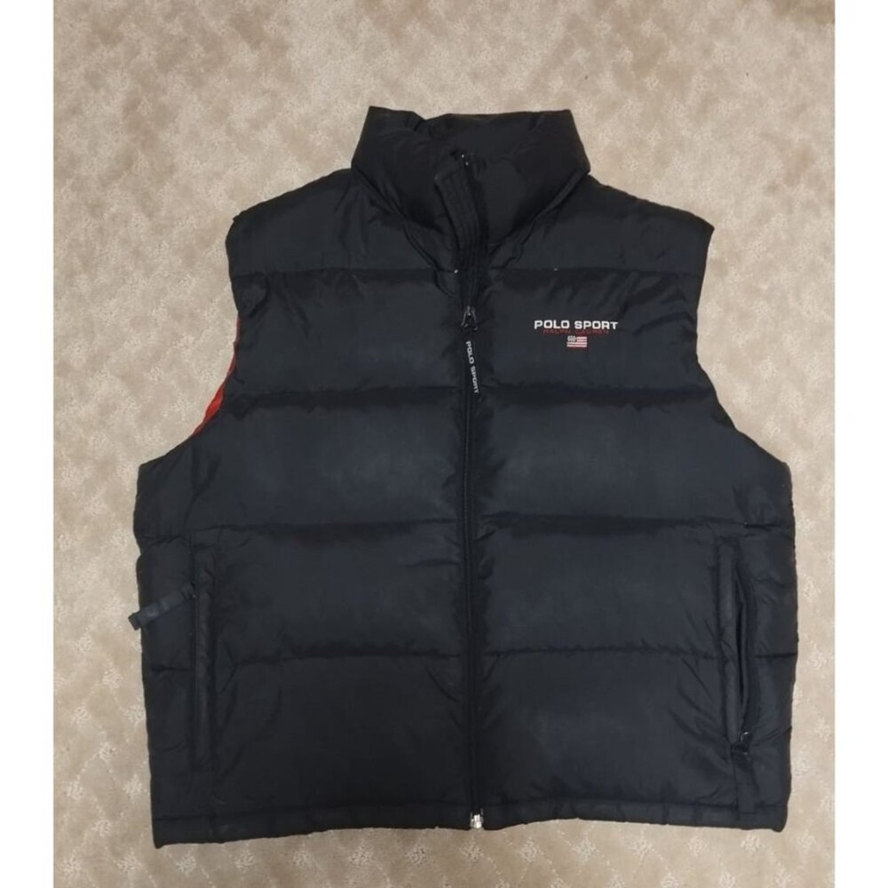Vintage Polo Sport Ralph Lauren Vest Men's Large Black Down Puffer 90s USA Flag